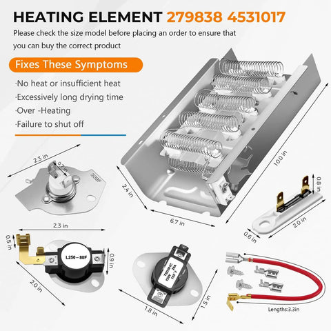 Beefed Up 279838 Dryer Heating Element Kit for Whirlpool Kenmore Maytag, includes element, thermostats, thermal fuse.