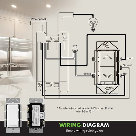 Wiring diagram for Smart Dimmer Switch For Easy Home Lighting Control No Hub Required Neutral Wire Required Single Pole Works With Alexa And Google Assistant UL Listed TGWF500D 2 Pack