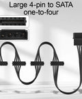 Molex To 4 SATA Power Cable 4 Pin LP4 To 4x SATA 15 Pin Female Expansion Power Cable For PC NAS Server Drives And SSDs 20.8 Inch 18AWG Tinned Copper Built For A Bunch Of Drives, black one-to-four connector cable