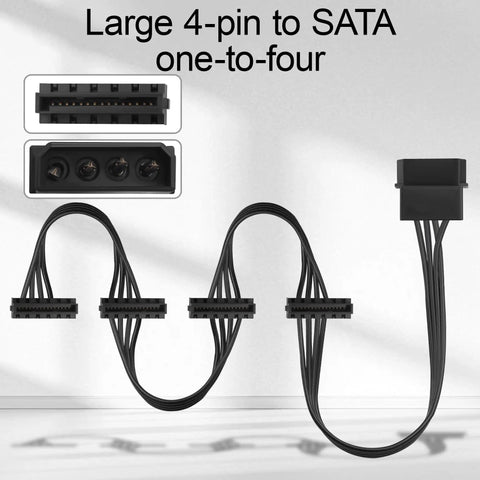 Molex To 4 SATA Power Cable 4 Pin LP4 To 4x SATA 15 Pin Female Expansion Power Cable For PC NAS Server Drives And SSDs 20.8 Inch 18AWG Tinned Copper Built For A Bunch Of Drives, black one-to-four connector cable