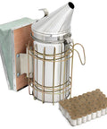 Beekeeping Bee Smoker Stainless Steel With Heat Shield 11 Inch Mounting Hook Includes 54 Plant Based Smoker Pellets For Safe Hive Inspections And Smooth Smoke On The Go, shown with protective cage and pellets.