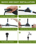 Quick installation steps for Fifty Foot Automatic Drip Irrigation Kit With Tool Free Quick Connectors and nozzles shown.