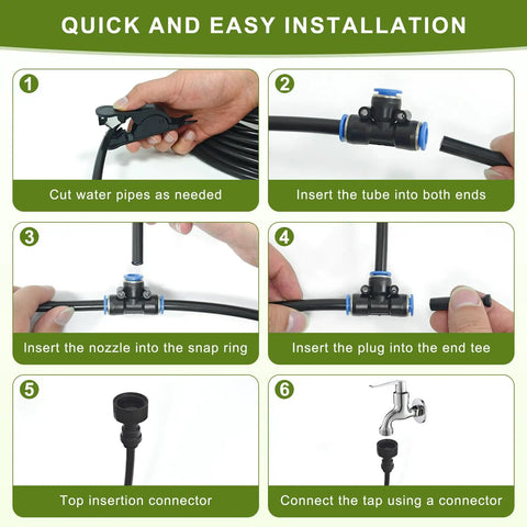 Quick installation steps for Fifty Foot Automatic Drip Irrigation Kit With Tool Free Quick Connectors and nozzles shown.