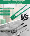 Heavy Duty Pet Strap Kit With Manual Tensioner For Bulletproof Pallet Wrapping showing green banding tool against boxed pallets.