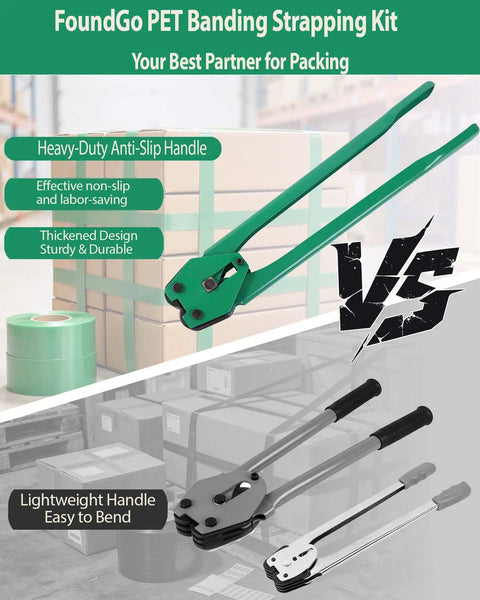 Heavy Duty Pet Strap Kit With Manual Tensioner For Bulletproof Pallet Wrapping showing green banding tool against boxed pallets.