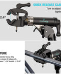 Heavy Duty Bike Repair Stand With Hand Crank Mechanical Lift, close-up of quick release clamp fitting bike tubes 1"-2.4"