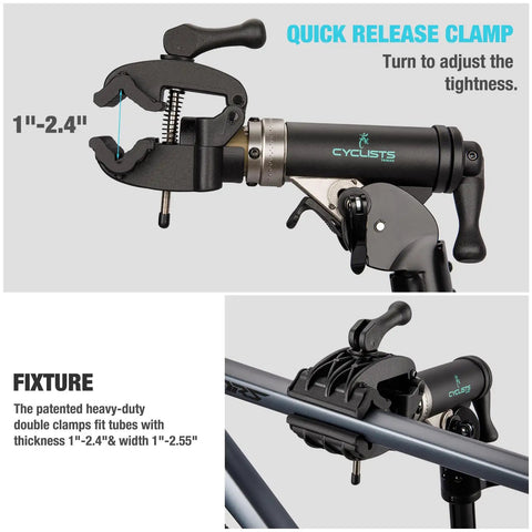 Heavy Duty Bike Repair Stand With Hand Crank Mechanical Lift, close-up of quick release clamp fitting bike tubes 1"-2.4"