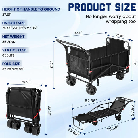 Heavy Duty Folding Wagon 2-In-1 Collapsible Cart For All Terrain with chair conversion, 650 lb capacity, shown folded and unfolded