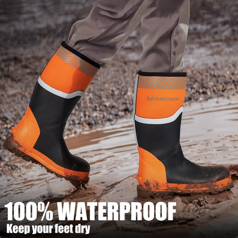 Steel Toe Rubber Boots For Men With Puncture Proof Steel Shank Waterproof Insulated 6mm Neoprene Work Boots With Reflective Strips For Farming Manufacturing And Construction Black Orange Size 8