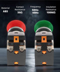 Emergency Push Button Switch With Green And Red Mushroom Head For Home And Industrial Equipment No NC 22mm Spring Return Pack Of 2 Safe E Stop Button For Machinery And Safety. Two ABS 22mm mushroom head switches, red and green, front view