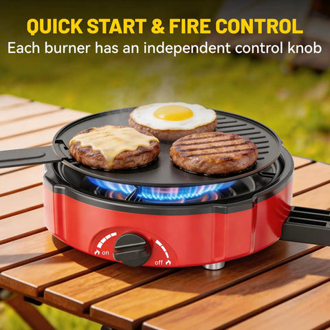 Two Burner Propane Camping Stove With Twenty Thousand BTU Output, Piezo Ignition, foldable camp stove with burgers and egg cooking