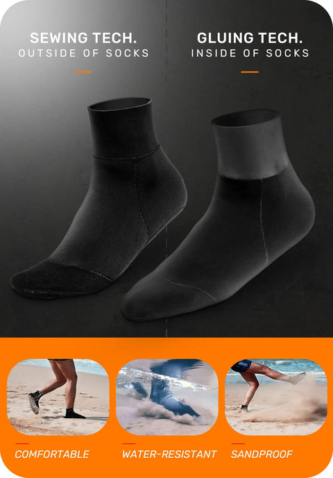 2Mm Neoprene Sand Socks For Men And Women showing sewing and gluing tech for enhanced durability, ideal for water sports and beach activities.