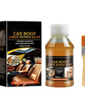 Car roof liner repair glue with brush and packaging showing before and after results, 100g bottle, easy to use.