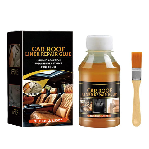 Car roof liner repair glue with brush and packaging showing before and after results, 100g bottle, easy to use.