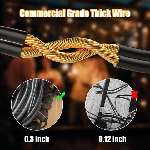 Commercial grade thick wire comparison for Go To Outdoor String Lights 96 Feet Total, Two 48 Feet Strands with 0.3 inch wire