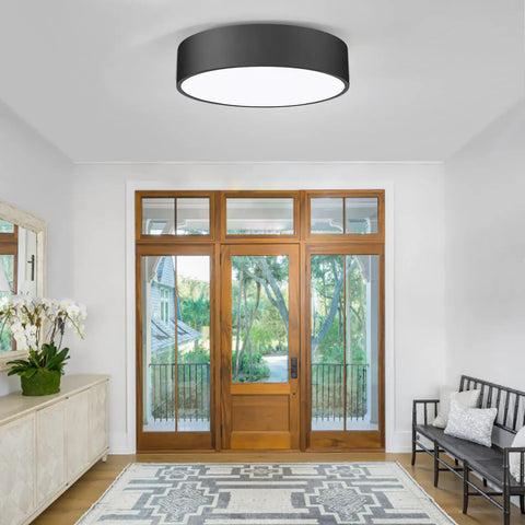 Two Light Flush Mount Ceiling Light With Slick Matte Black Frame And White Acrylic Shade, 11.8 Inch in foyer setting