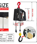 Super Durable 1100 Lb Electric Hoist Winch In 3 1 Design With 25 Ft Lifting Height And Overload Protection showing size parameters and parts.