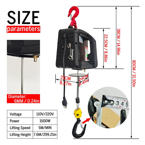 Super Durable 1100 Lb Electric Hoist Winch In 3 1 Design With 25 Ft Lifting Height And Overload Protection showing size parameters and parts.