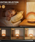 Minimalist Boho Bedside Lamp With Rainbow Sun Rays on a nightstand, lighting levels display, solid wood and flax shade, bedroom use