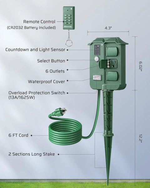 Outdoor Power Stake Timer With Six Grounded Outlets, Six Ft Extension Cord, 100 Ft Wireless Remote, Dusk To Dawn Photocell