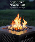 28 Inch Propane Fire Pit Table With 50,000 BTU Heat For Backyard Parties On Patio Deck Garden CSA Listed Outdoor Fire Pit With Lid And Lava Rock Steel Gas Pit For Epic Backyard Hangouts In Black, shown with flames and lava rocks