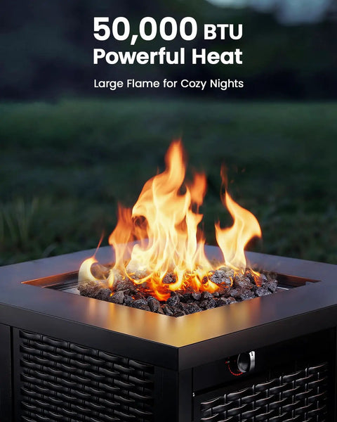 28 Inch Propane Fire Pit Table With 50,000 BTU Heat For Backyard Parties On Patio Deck Garden CSA Listed Outdoor Fire Pit With Lid And Lava Rock Steel Gas Pit For Epic Backyard Hangouts In Black, shown with flames and lava rocks