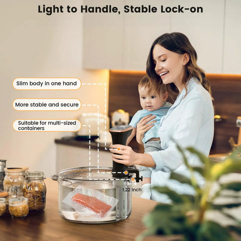 Pro Grade Sous Vide Cooker Immersion Circulator With Recipes, IPX7 Waterproof And Ultra Quiet 1100W, Fast Heating, Precise Temperature 0.1 Degree Celsius And 99.59 Hour Timer, Compact Stainless Steel Design For Effortless Chef Level Results. Slim lock-on sous vide cooker on a glass pot with salmon