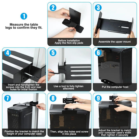 Step-by-step installation of Slick Under Desk PC Mount Clamp On Computer Tower Stand showing assembly and secure fit.