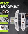 Side view of Drop In Ready Alternator Replacement For Acura CSX 2.0L TSX 2.4L Honda Accord 2.4L Civic 2.0L CR V 2.4L Element 2.4L 2003 2011 Interchange 13980N 31100RAAA01 13980 11503 11019 CSC29 CSD73, displaying metal housing and pulley with wiring connections.