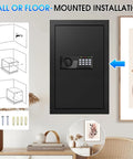 Wall-mounted 3.3 cu ft large fireproof safe for home use with electronic keypad and spare key, black design shown in modern room.