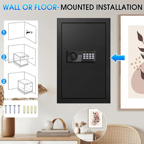 Wall-mounted 3.3 cu ft large fireproof safe for home use with electronic keypad and spare key, black design shown in modern room.