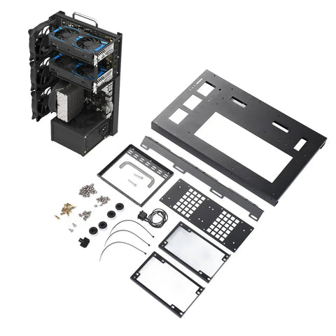 Open Air DIY Gaming PC Rig Case Rack With Handle Steel Plate Open Frame Chassis parts and assembled view on display