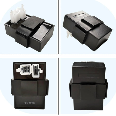 Six Pin DC CDI Box With CDI Cable Harness Connectors For CG Series Vertical Engine ATVs Dirt Bikes Go Karts And Quad Scooters Go To Upgrade For 150cc 200cc 250cc Models Not For GY6 250cc Includes A7TC Spark Plug, showing four views.