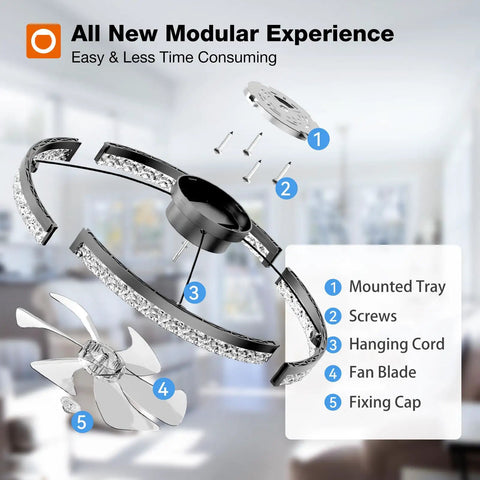 24 Inch Low Profile Ceiling Fan With Dimmable Led Light And Remote assembly parts including tray, screws, fan blade, and fixing cap.