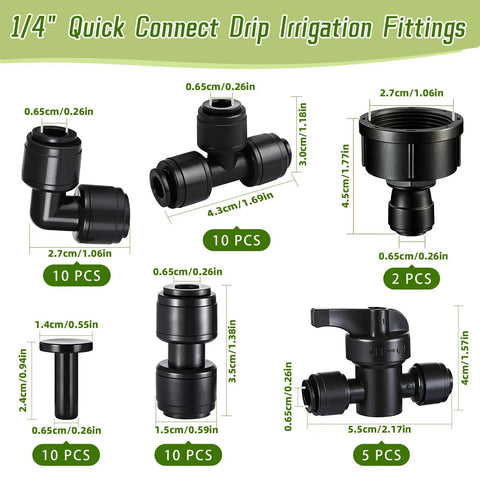 47 Pack Quick Connect 1/4 Inch Drip Irrigation Fittings Kit showing valves, tees, couplings, elbows, end plugs, and faucet adapters