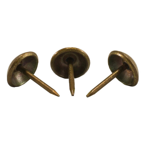Three antique copper thumb tack push pins from 500 Piece Antique Copper Upholstery Nails And Furniture Tacks Set For An Old School Vintage Vibe In French Natural Decor, Thumb Tack Push Pins, 7/16 Inch Head, 1/2 Inch Shank, Easy Install With Tack Hammer And Nose Pliers