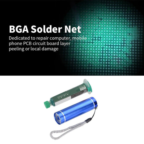 Go-To PCB Solder Mask Repair Kit With Flashlight And Green Oil For Computer And Mobile Phone PCBs shown, including a BGA solder net.