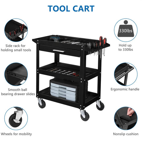 Beefy Three Tier Rolling Tool Cart With Drawer On Wheels, 330 LBS Capacity Heavy Duty Utility Cart With Two Brakes, Industrial Steel Tool Organizer For Garage, Mechanic Shop, Warehouse And Repair Bay, black steel, 3-tier