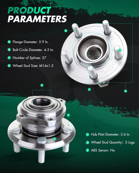 Front Wheel Bearing Hub Assembly Kit For AWD Dodge Charger Challenger Magnum Chrysler 300 5 Lug Direct Fit With ABS No ABS 2 Pack Premium Quality OE Replacement showing product parameters and design details.