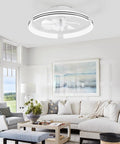 Low Profile 20 Inch Ceiling Fan With Light No Fuss Remote Control Dimmable LED 3000K 6000K Flush Mount Fandelier White in living room.
