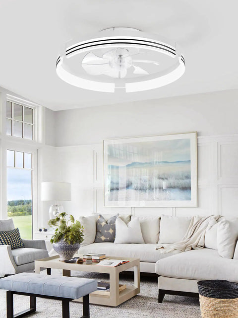 Low Profile 20 Inch Ceiling Fan With Light No Fuss Remote Control Dimmable LED 3000K 6000K Flush Mount Fandelier White in living room.