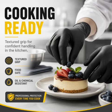 Heavy Duty Black Nitrile Gloves Rock Solid 8 Mil Thick Disposable Latex Free Powder Free Work Gloves For Mechanics And Diy Jobs Box Of 100 Medium Size, textured grip handling food in kitchen.