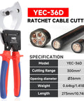 Rock Solid Ratchet Cable Wire Cutter For Snipping Thick Electrical Aluminum Copper And Multi Core Wires Up To 300 Square Millimeters, model YEC-36D.