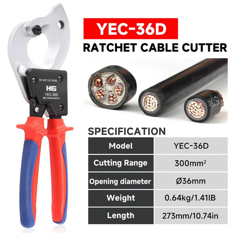 Rock Solid Ratchet Cable Wire Cutter For Snipping Thick Electrical Aluminum Copper And Multi Core Wires Up To 300 Square Millimeters, model YEC-36D.