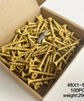 Open box of 100 Piece Carbon Steel Flat Head Wood Screws Set For DIY Projects with dual end locking threads, size 8x1.62mm