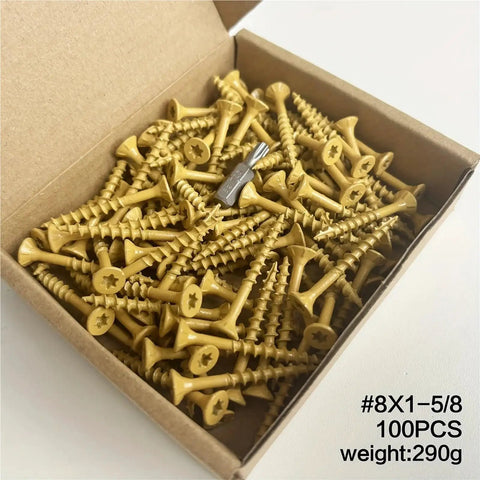 Open box of 100 Piece Carbon Steel Flat Head Wood Screws Set For DIY Projects with dual end locking threads, size 8x1.62mm