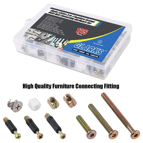 125 Piece 3 In 1 Diy Ready Furniture Connecting Hardware Set with hex screws and fittings in plastic case for cribs and cabinets