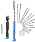 Miniature Pin Vise Hand Drill Set With Semi Automatic Push Drills And HSS Twist Bits For Jewelry Making Model Building And Electronics Repair Includes Extra Chuck Collet, shown with various drill bits and collets in different sizes.