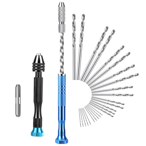Miniature Pin Vise Hand Drill Set With Semi Automatic Push Drills And HSS Twist Bits For Jewelry Making Model Building And Electronics Repair Includes Extra Chuck Collet, shown with various drill bits and collets in different sizes.