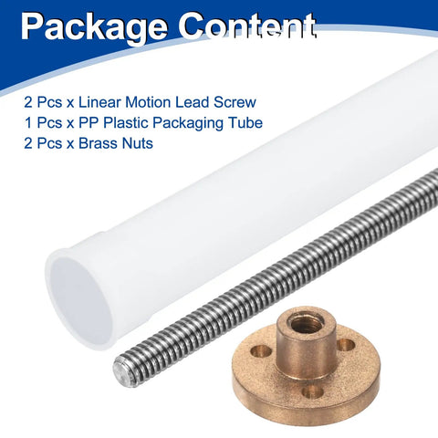 Two 750mm TR5X1 Lead Screws With Brass Nut For 3D Printers, 1mm Pitch, 1 Start, 304 Stainless Steel, Plastic Packaging Tube